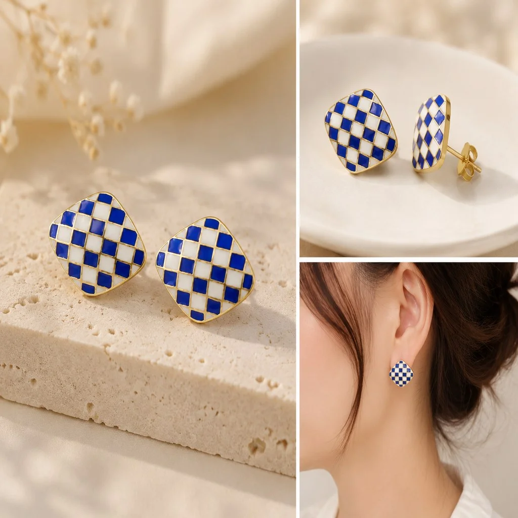 Second image of Blue & White Checkered Gold Earrings with Silver Needle