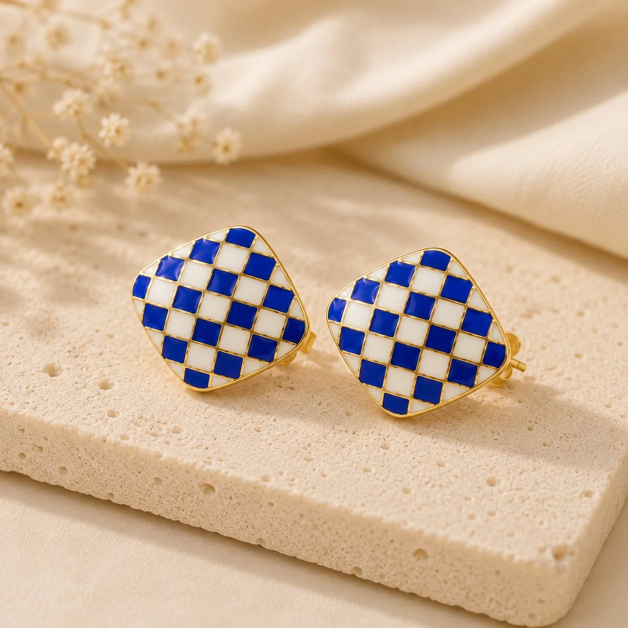 Blue & White Checkered Gold Earrings with Silver Needle