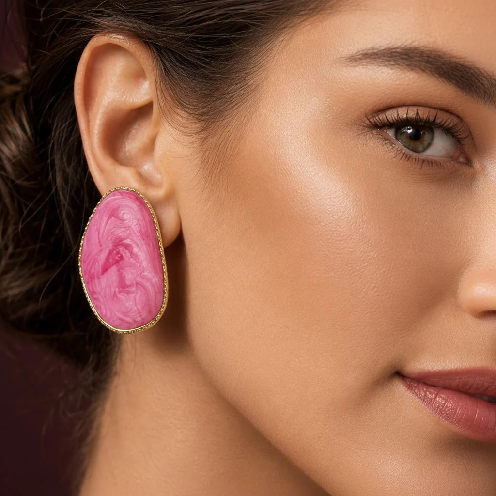 Second image of Pink Marbled Resin Statement Stud Earrings