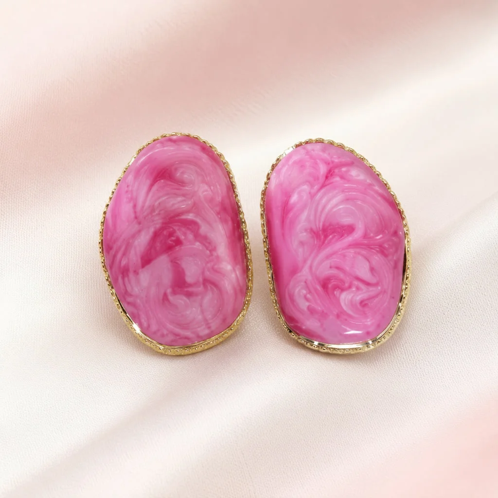 Pink Marbled Resin Statement Stud Earrings