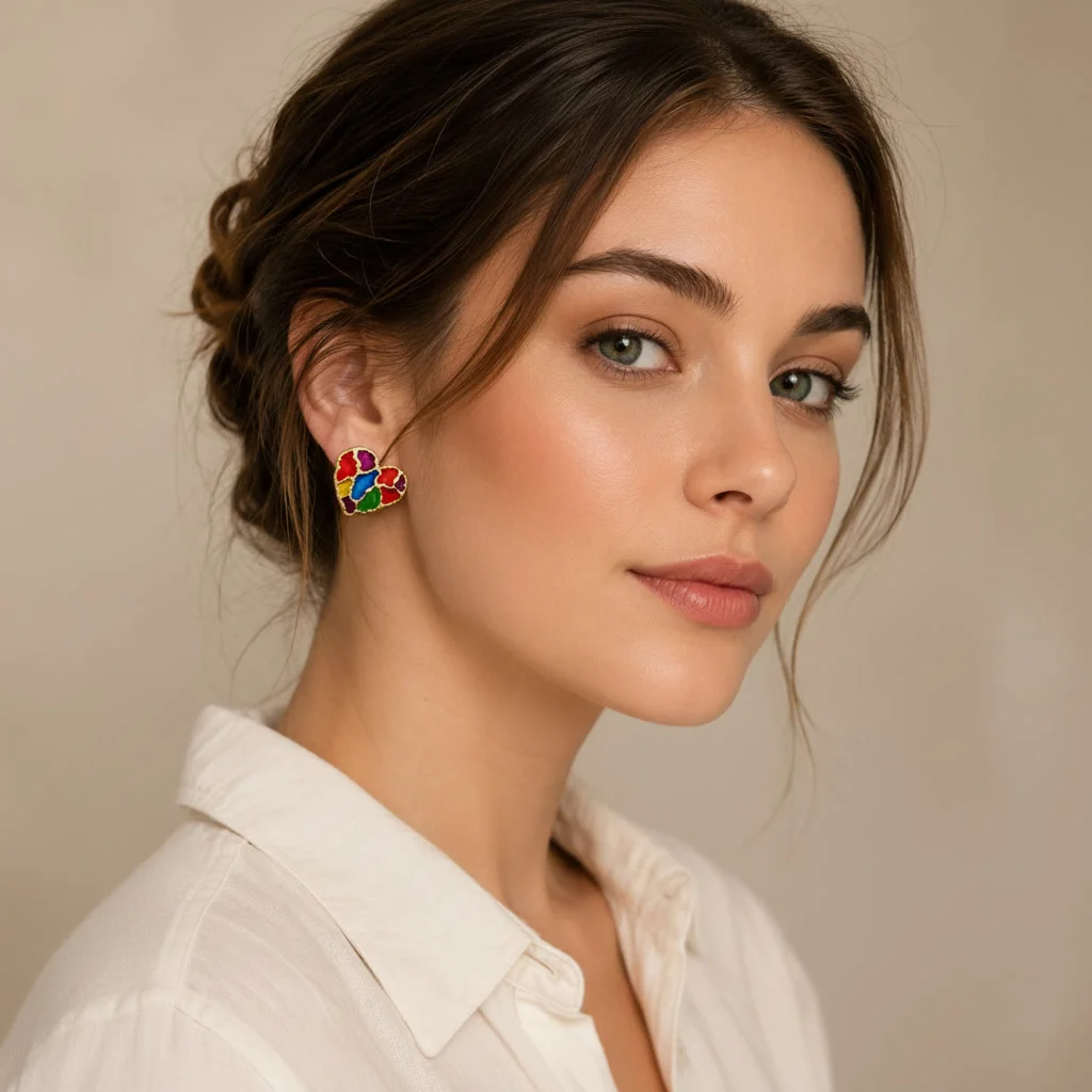 Second image of Colorful Heart Shape Stud Earrings for Women