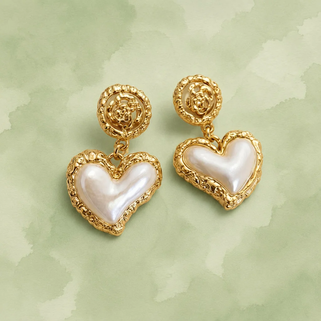 Golden Heart Pearl Drop Earrings