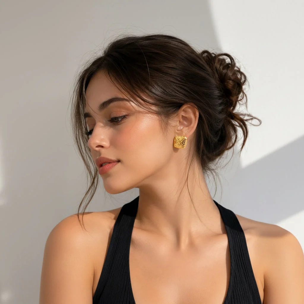 Second image of Hammered Gold-Tone Square Stud Earrings