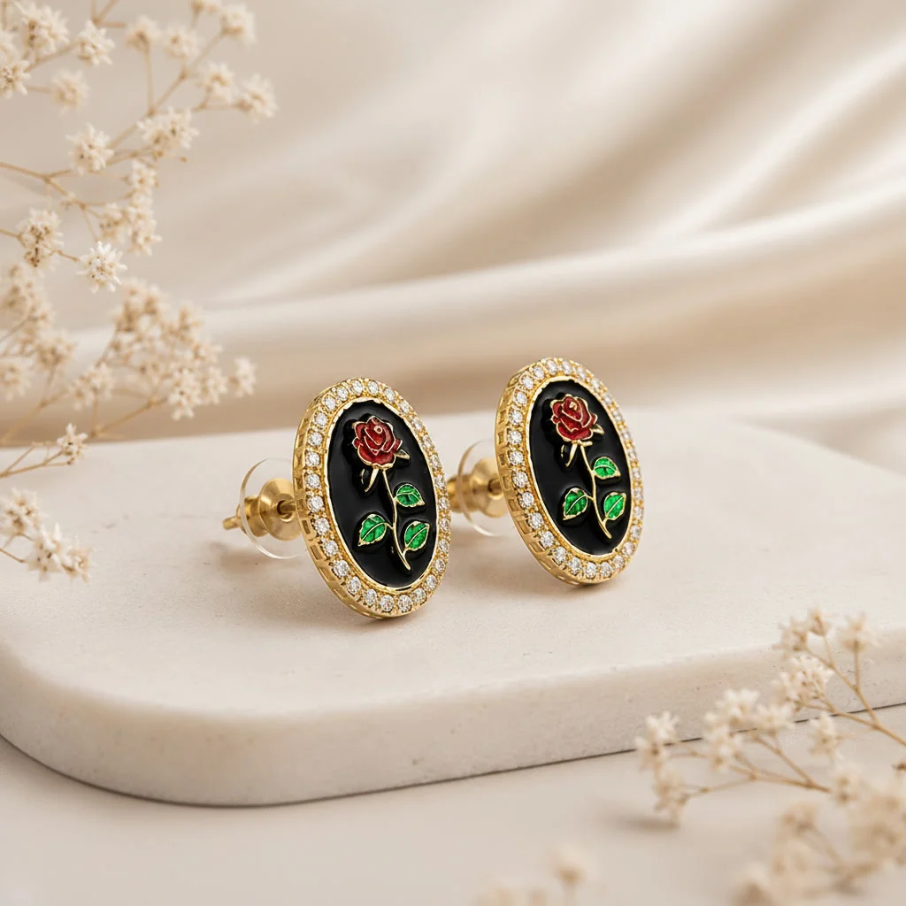 Second image of Black Oval Rose Enamel Stud Earrings with Crystal Border