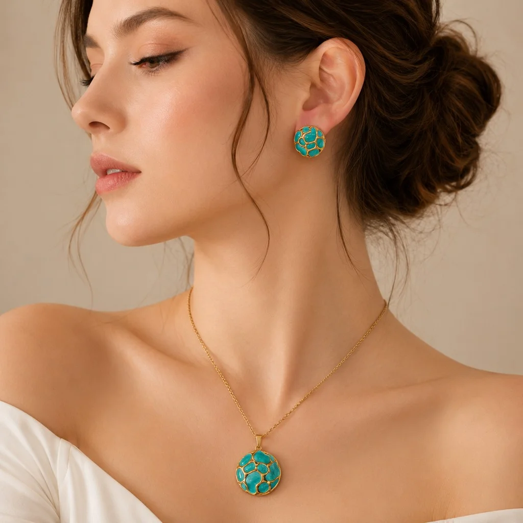 Second image of Turquoise Mosaic Pendant Necklace & Stud Earrings Set