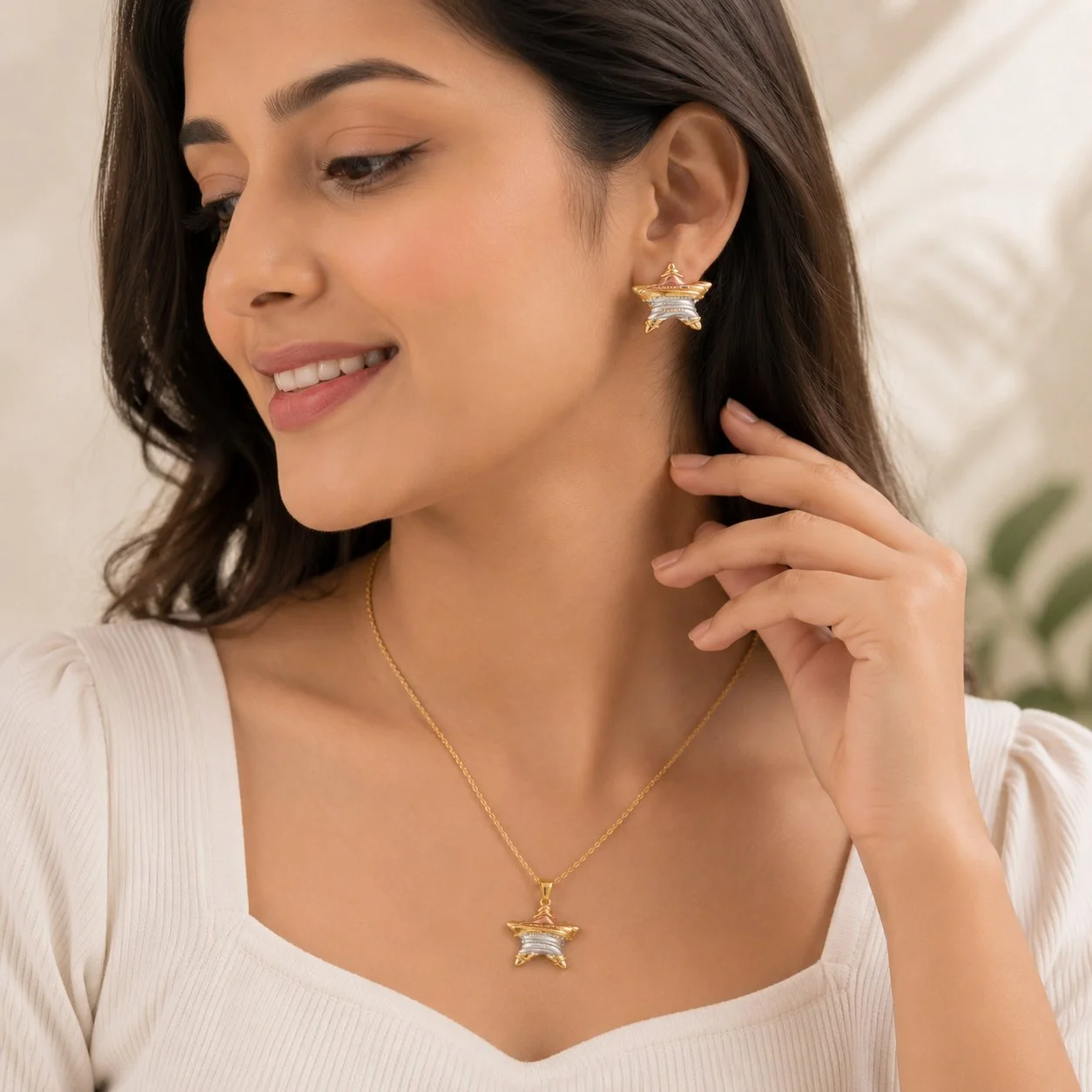 Second image of Stainless Steel Star Pendant Necklace & Stud Earrings Set