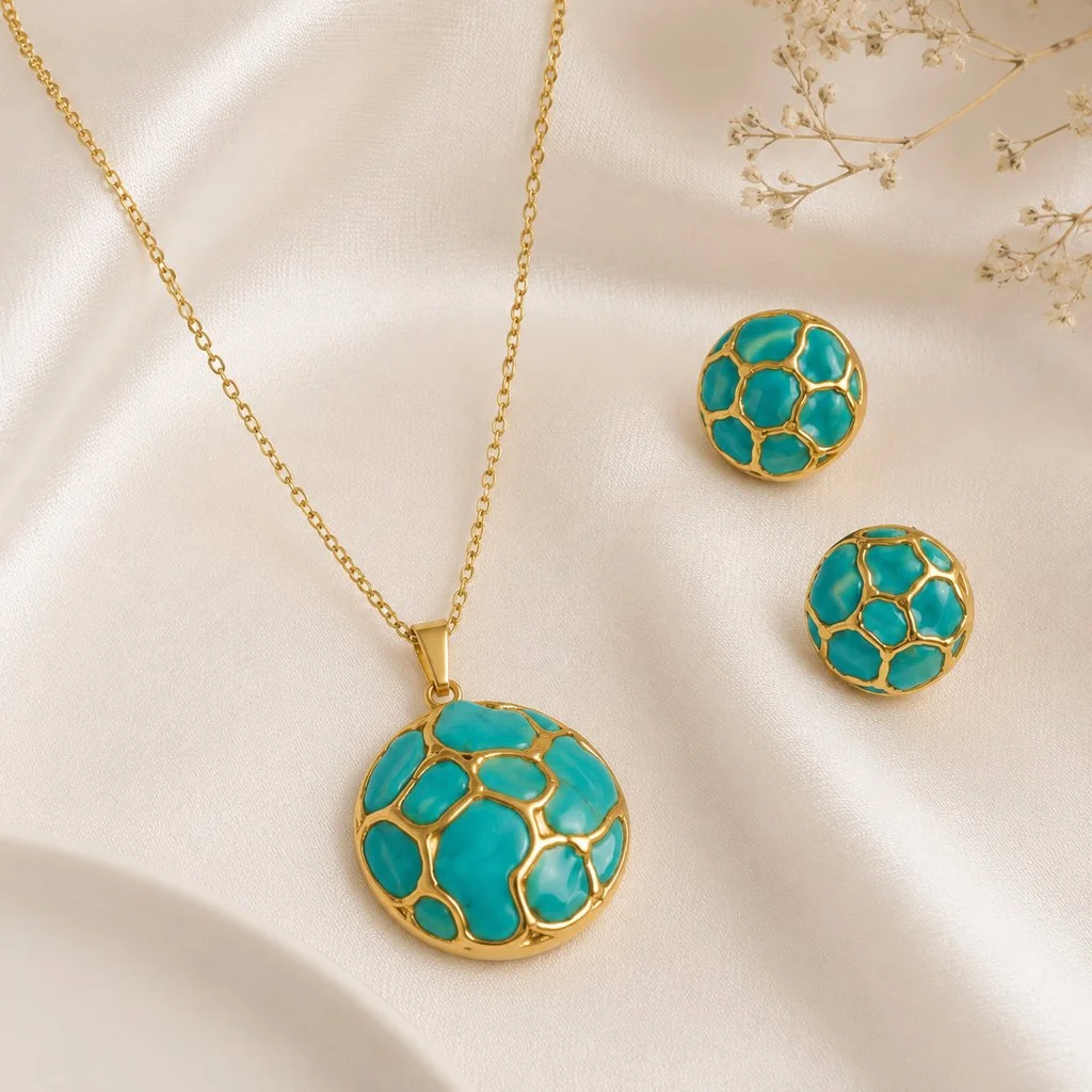 Turquoise Mosaic Pendant Necklace & Stud Earrings Set