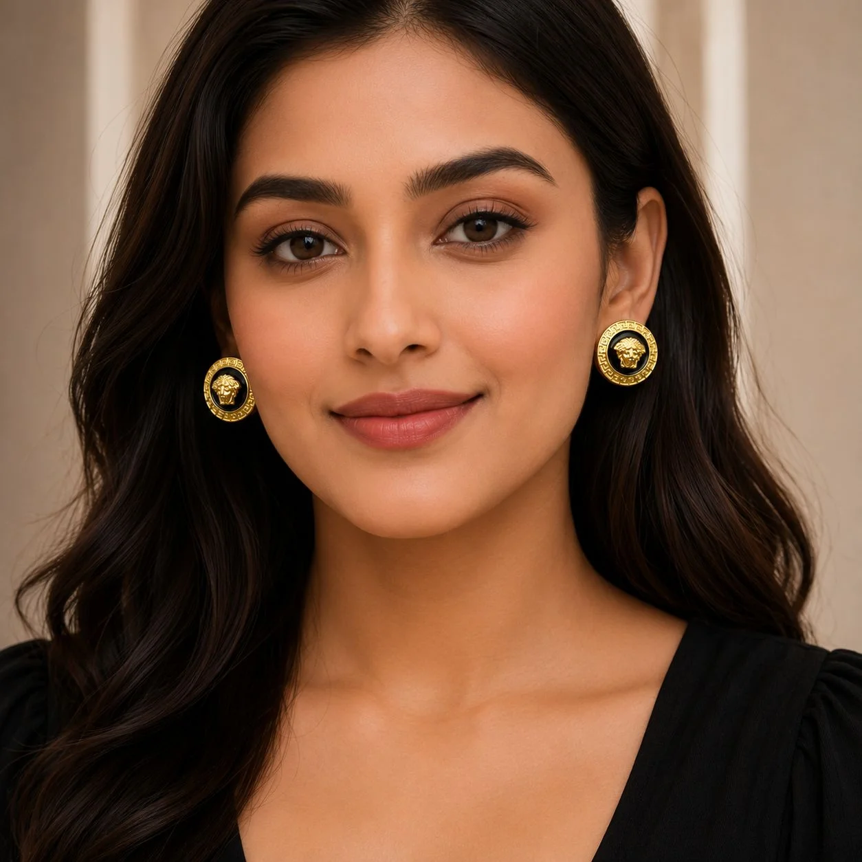 Second image of Luxury Gold-Tone Medusa Black Round Stud Earrings