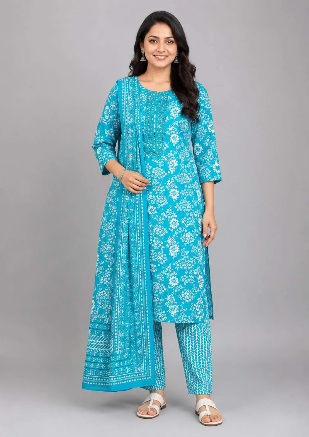 Second image of Women’s Turquoise Blue Printed Straight Kurta Set with Dupatta