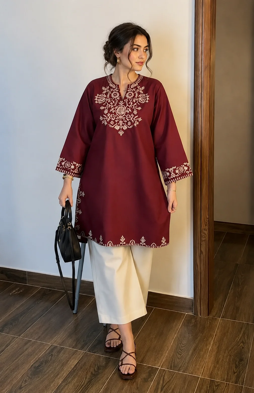 Second image of Women’s Maroon Embroidered Straight Kurta with White Palazzo
