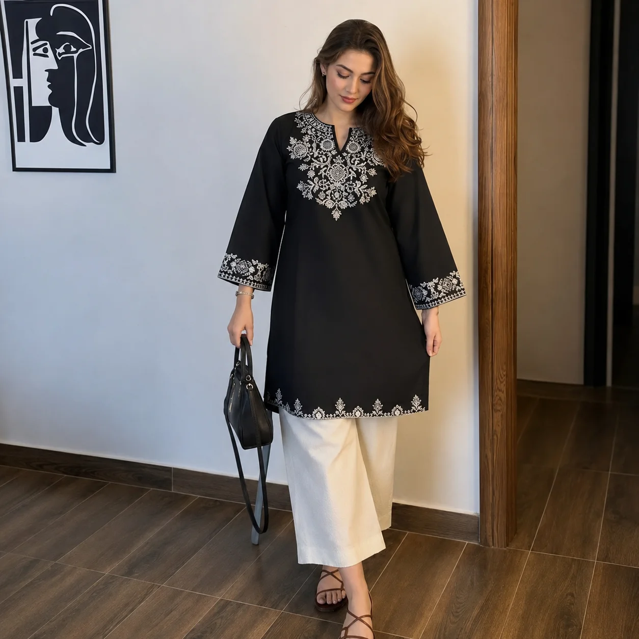 Second image of Women’s Black Embroidered Straight Kurta with White Palazzo