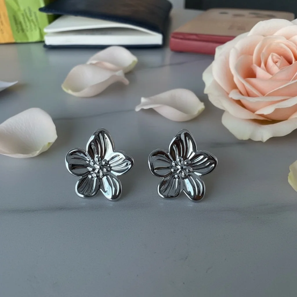 Floral Silver-Tone Stud Earrings Lightweight
