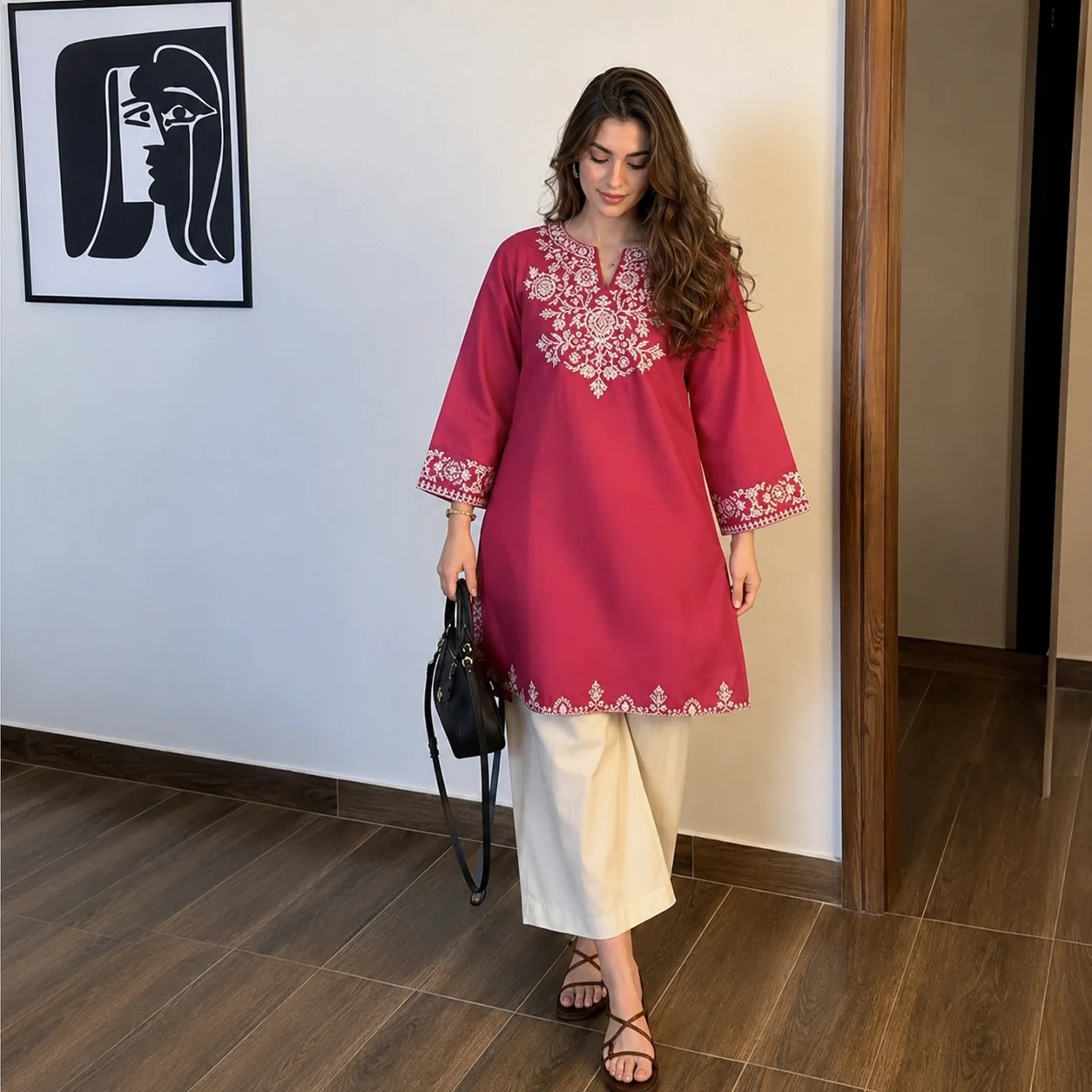 Second image of Women’s Pink Embroidered Straight Kurta with White Palazzo