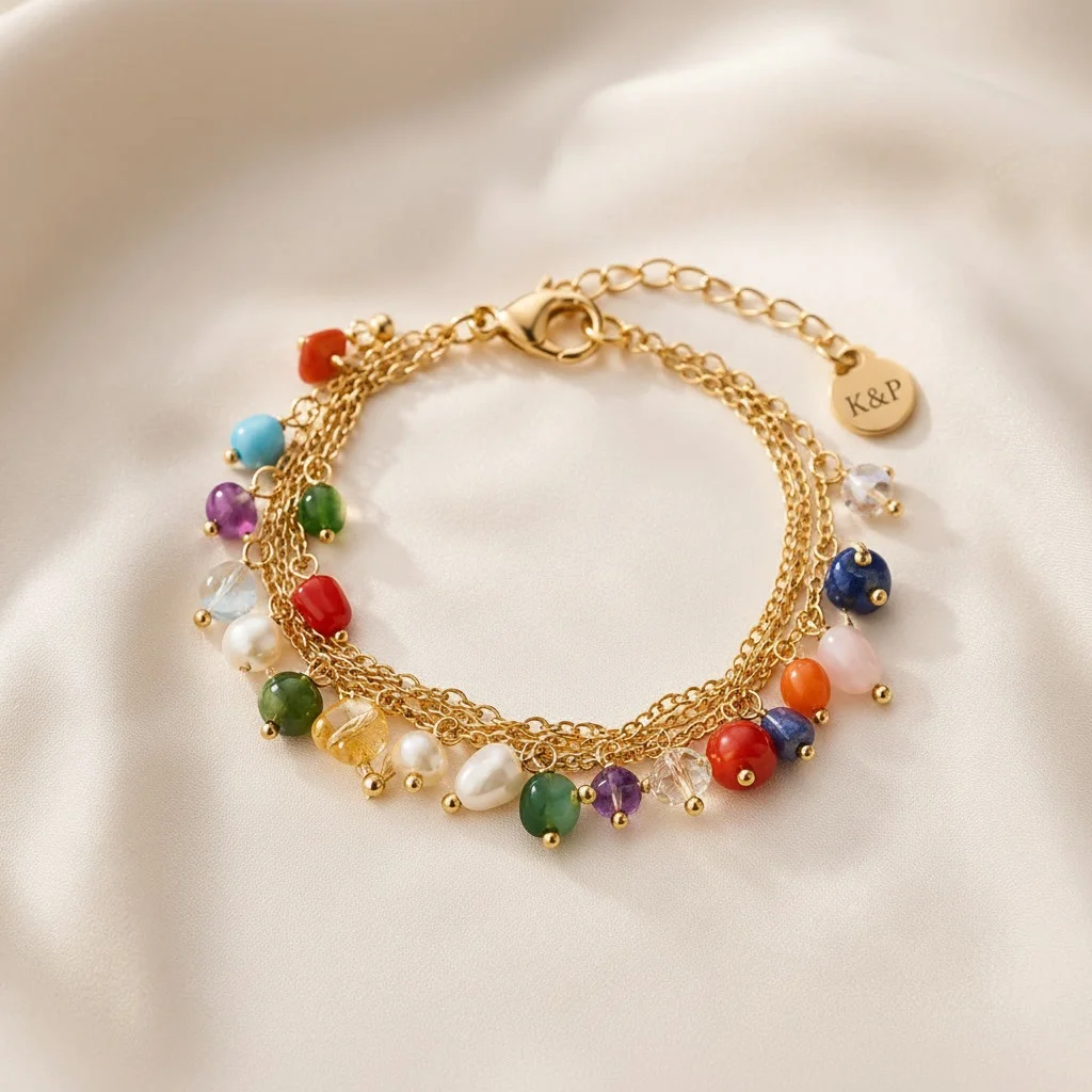 Second image of Multicolor Beaded Layered Chain Bracelet